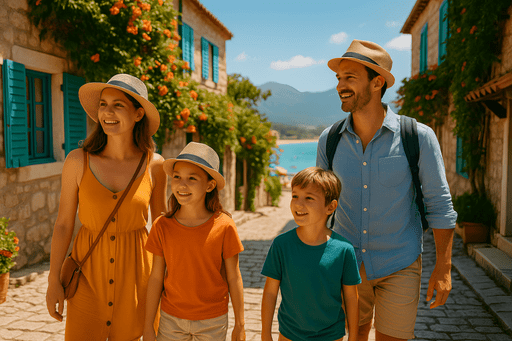 Happy family enjoying budget holidays abroad in a sunny coastal town with turquoise sea and colorful buildings