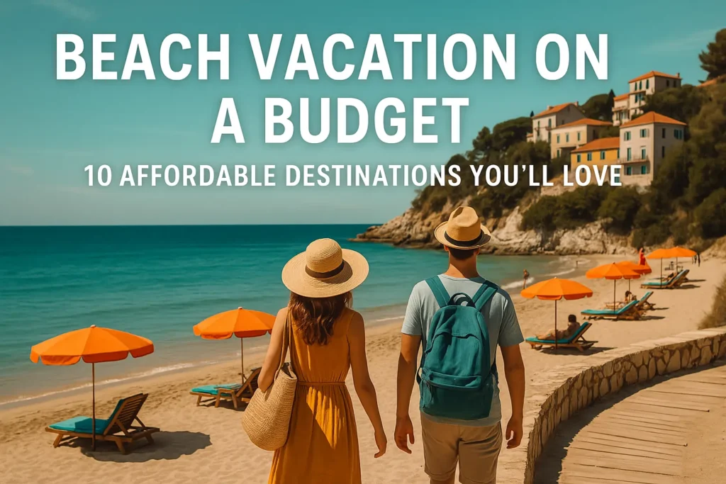 Couple enjoying a beach vacation on a budget with turquoise sea, orange umbrellas, and a Mediterranean-style village in the background