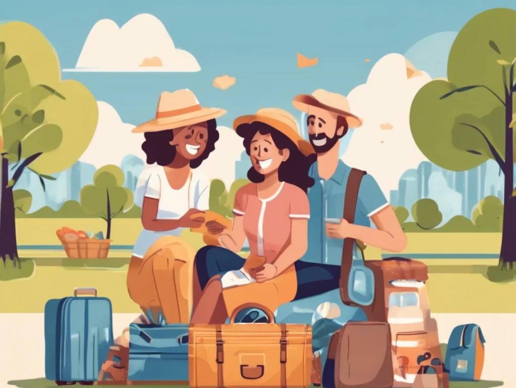 Art illustration of a happy couple and family packing luggage for a budget weekend getaway.