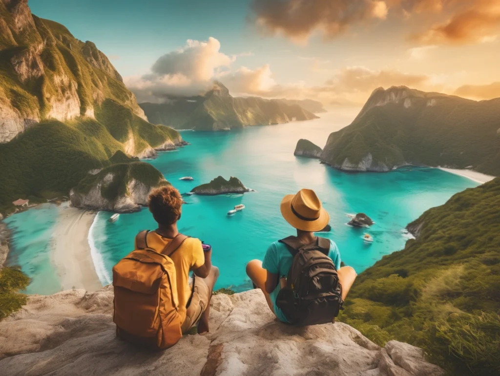 Two travelers with backpacks enjoying the view of a stunning turquoise bay surrounded by mountains â representing hidden travel gems and affordable destinations.