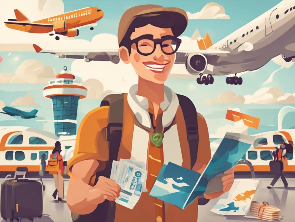 Illustration of a traveler celebrating flight deals at an airport.